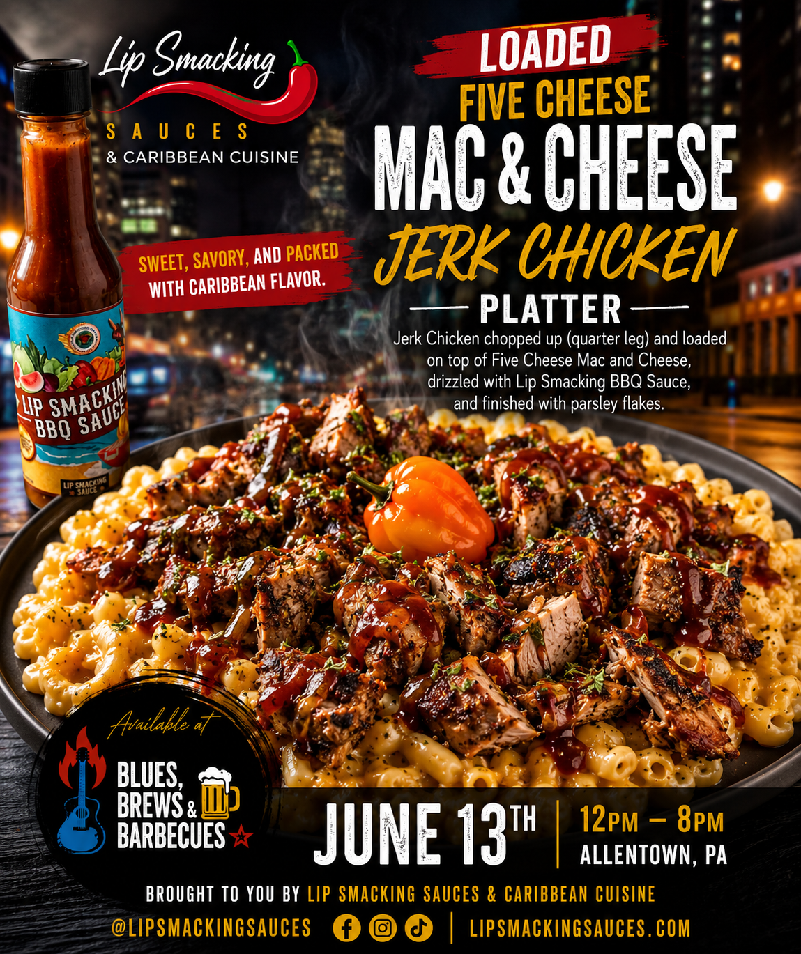 Loaded Five-Cheese Mac + Jerk Chicken