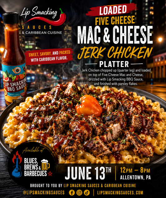 Loaded Five-Cheese Mac + Jerk Chicken